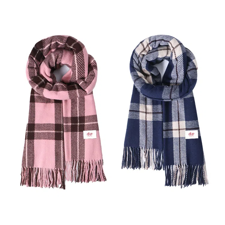 浪莎 格纹双面仿羊绒披肩高级感保暖流苏围脖 聚酯纤维 绒线围巾 男女同款情侣款