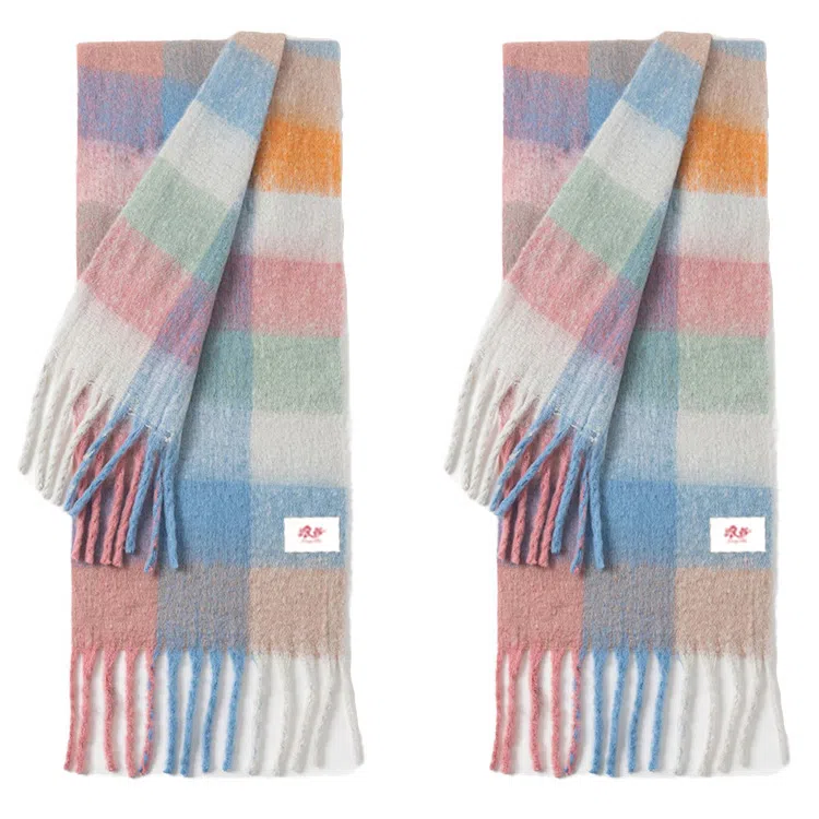 浪莎 软糯粉白 显白出片有氛围 加厚马海毛格子 礼盒装 聚酯纤维 绒线围巾 男女同款情侣款