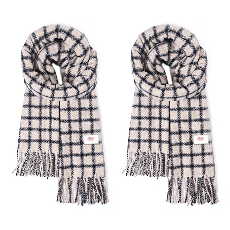 浪莎 小清新韩版高级感格纹流苏简约围脖秋冬季时尚仿羊绒保暖 心动礼盒装 聚酯纤维 绒线围巾 男女同款情侣款