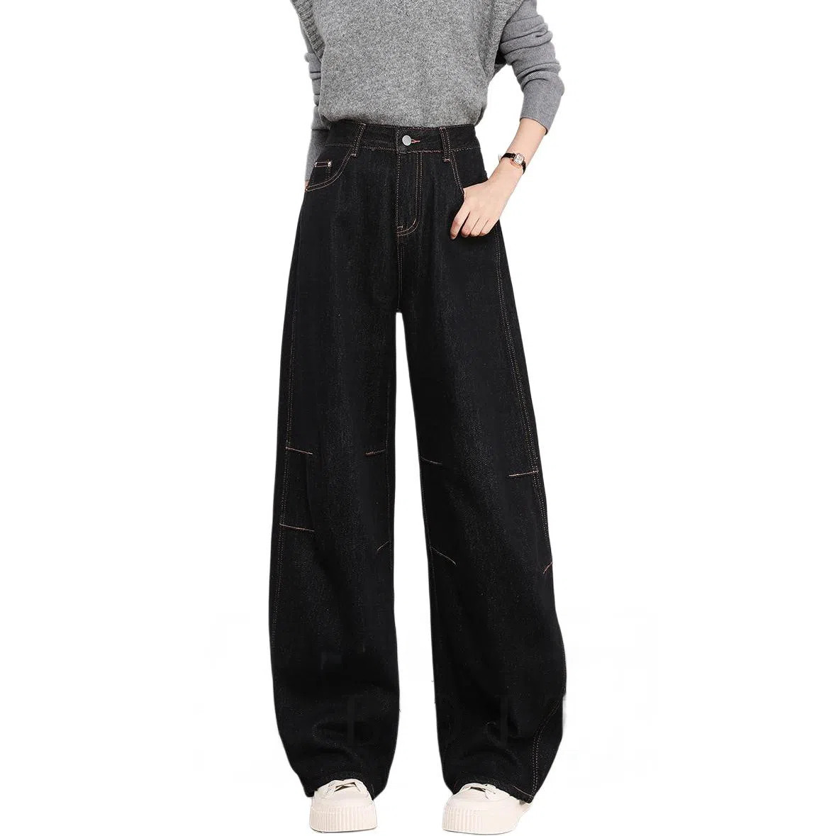 法文箱子 宽松适中高腰阔腿牛仔裤 女款