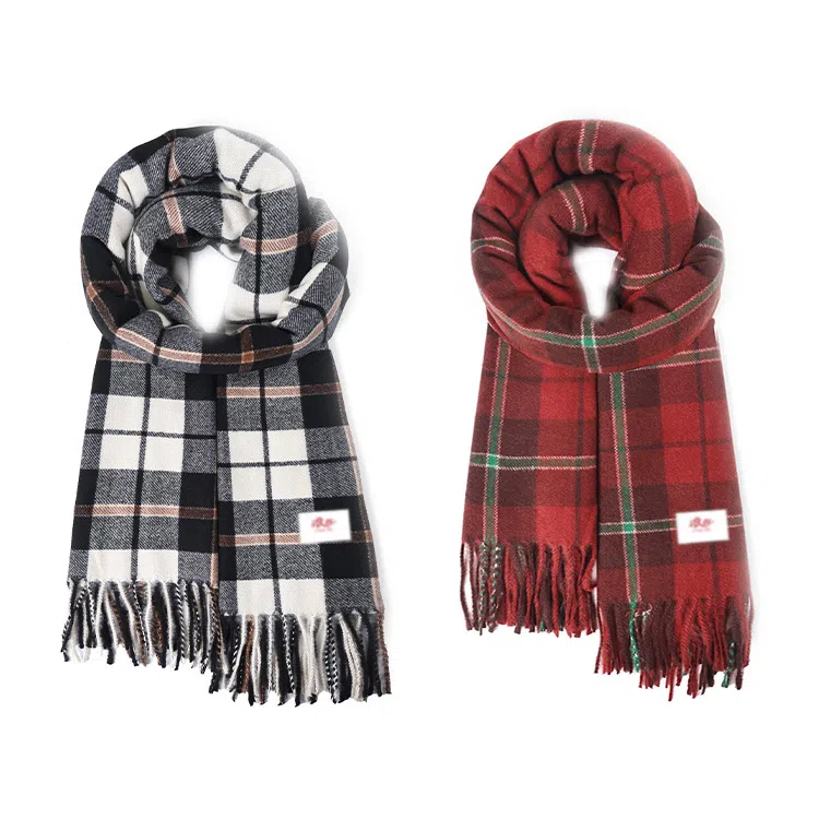 浪莎 小清新学院风高颜值粗线条格子秋冬季防寒护脖保暖加厚柔软撞色围脖 心动礼盒装 聚酯纤维 绒线围巾 男女同款情侣款