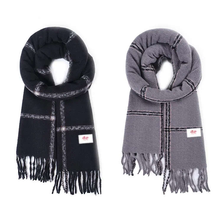 浪莎 秋冬经典百搭黑灰格子仿羊绒高级感围脖披肩 心动礼盒装 聚酯纤维 绒线围巾 男女同款情侣款