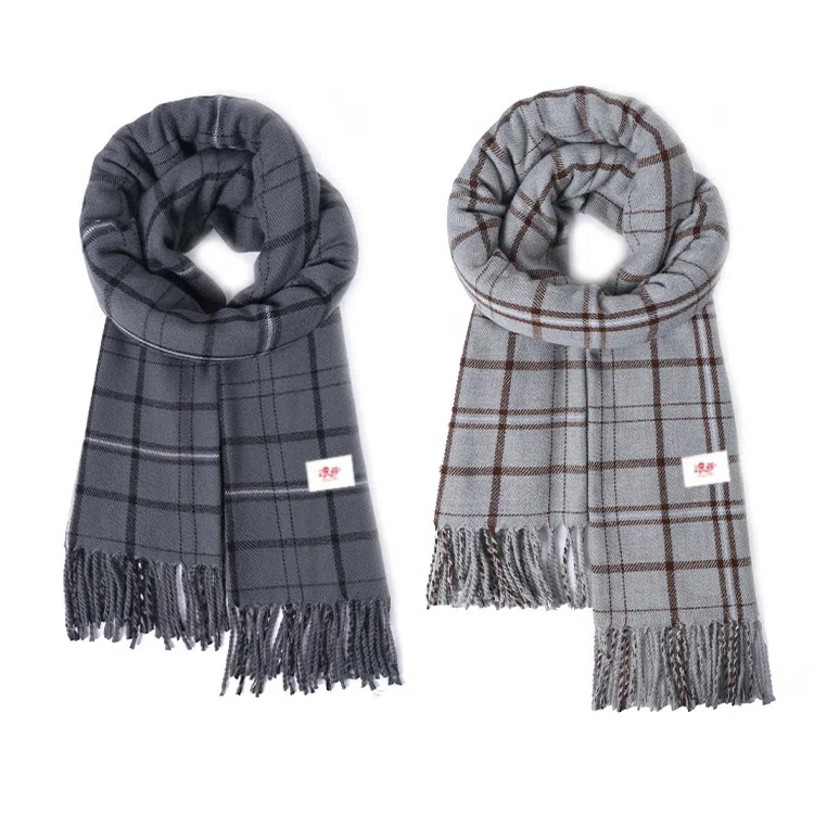 浪莎 经典黑白灰格纹双面高级百搭保暖流苏 礼盒装 聚酯纤维 绒线围巾 男女同款情侣款