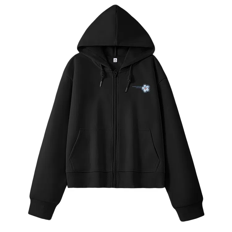 棉致 毛绒花简约休闲学院风舒适通勤百搭柔软短款宽松落肩挺括抗皱拉链开衫贴袋连帽卫衣 女款