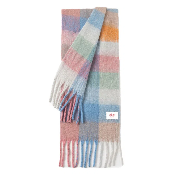 浪莎 软糯粉白 显白出片有氛围 加厚马海毛格子 礼盒装 聚酯纤维 绒线围巾 男女同款情侣款