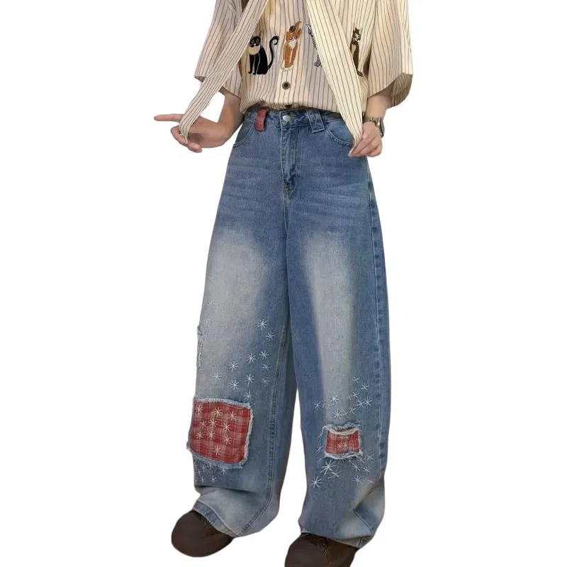 洋气先生 美式高街复古水洗做旧磨白磨破格子贴布小众设计感时尚潮流帅气百搭休闲阔腿垂感中腰直筒显高显瘦氛围感牛仔裤 男女同款