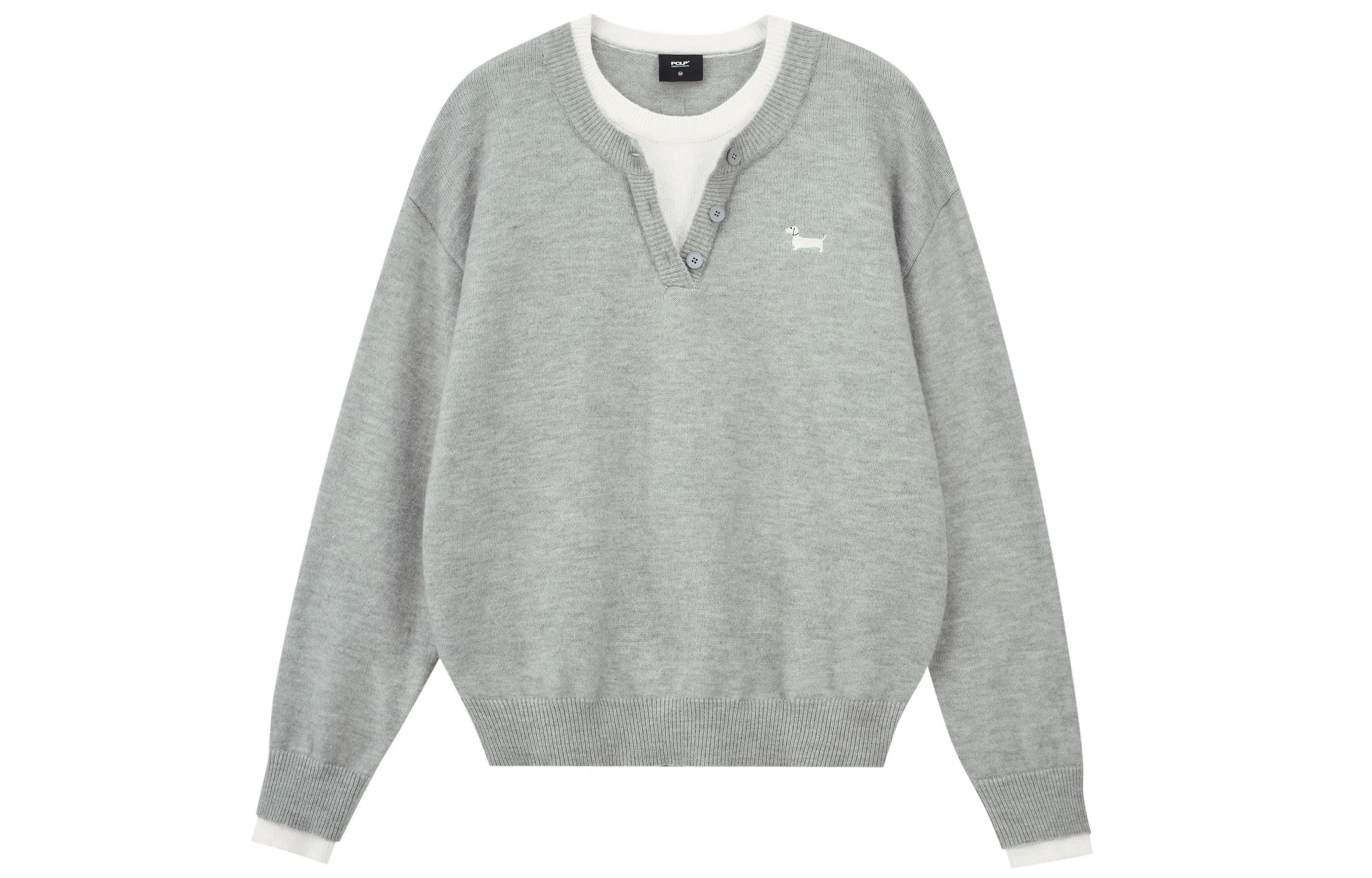 PCLP Two-in-One Henley Collar Embroidered Dog Knit Sweater