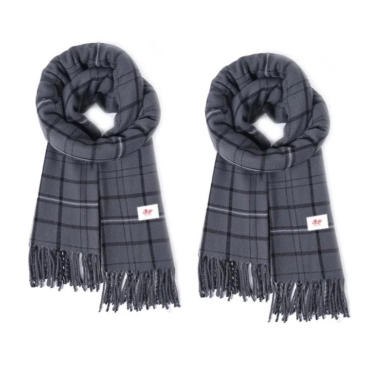 浪莎 经典黑白灰格纹双面高级百搭保暖流苏 礼盒装 聚酯纤维 绒线围巾 男女同款情侣款