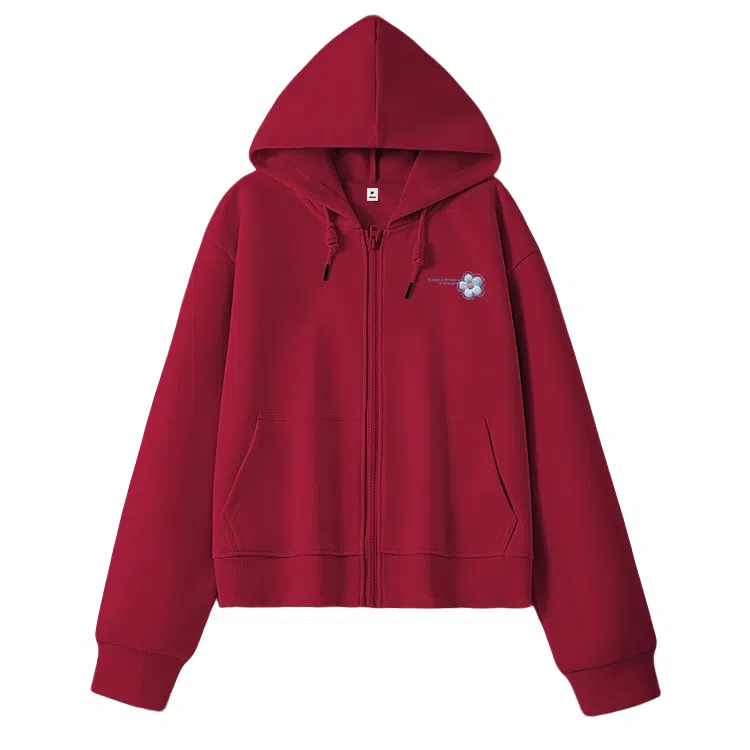 棉致 毛绒花简约休闲学院风舒适通勤百搭柔软短款宽松落肩挺括抗皱拉链开衫贴袋连帽卫衣 女款