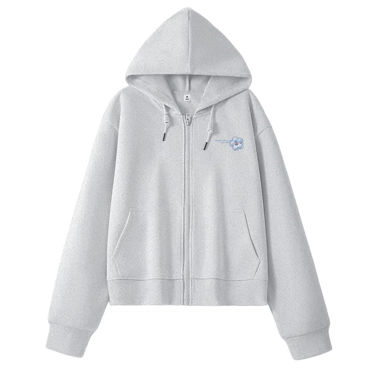 棉致 毛绒花简约休闲学院风舒适通勤百搭柔软短款宽松落肩挺括抗皱拉链开衫贴袋连帽卫衣 女款