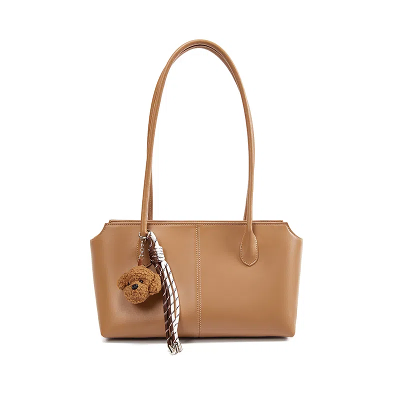 红蜻蜓 韩系简约风可爱泰迪挂饰点缀日常通勤慵懒风实用百搭款 牛皮 托特包单肩包 女款 棕色/黑色/咖啡色