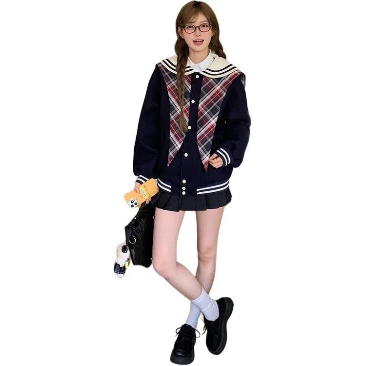 东鲸岁时记 开学季女优雅简约学院风穿搭长袖棒球服纯色半裙内搭花边小裙子学生日常甜美可爱裙装套装 女款 礼盒装