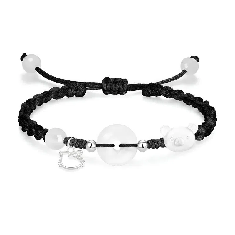 【999纯银|萌趣小猫】 京华录 灵动招财猫卡通招桃花小众高级感好运手饰约会惊喜甜蜜饰爱平安扣转运可调节 琉璃 玉石手绳 男女同款情侣款