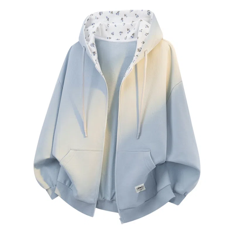 【dme】 时尚日常通勤百搭碎花拼接设计休闲开衫美式潮流宽松舒适连帽卫衣 男女同款