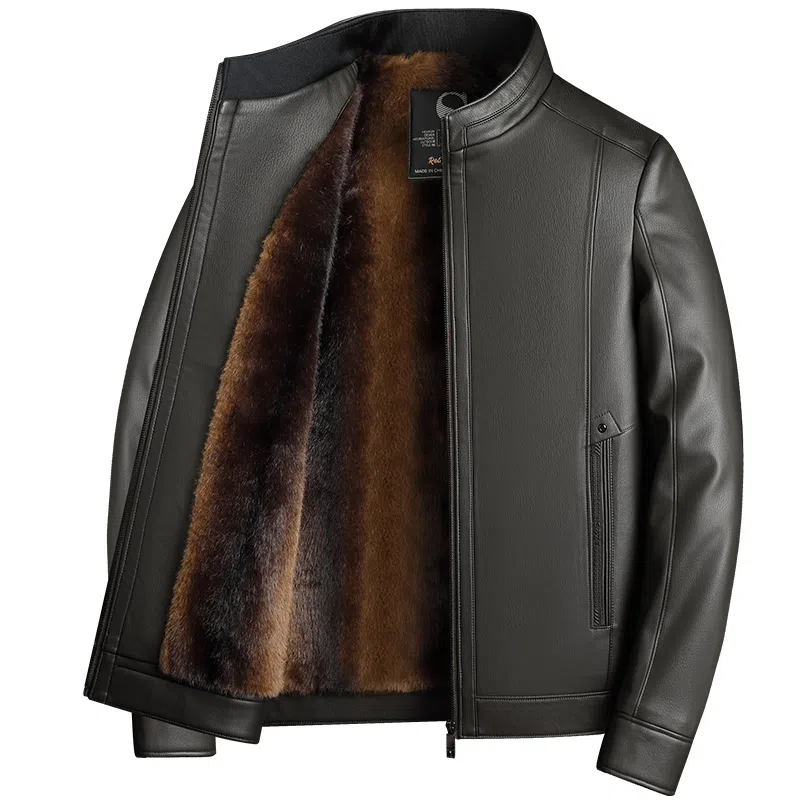 卡丹狄诺 加绒加厚秋冬季皮茄克男中老年防寒保暖舒适夹克外套男商务休闲立领皮衣 男款