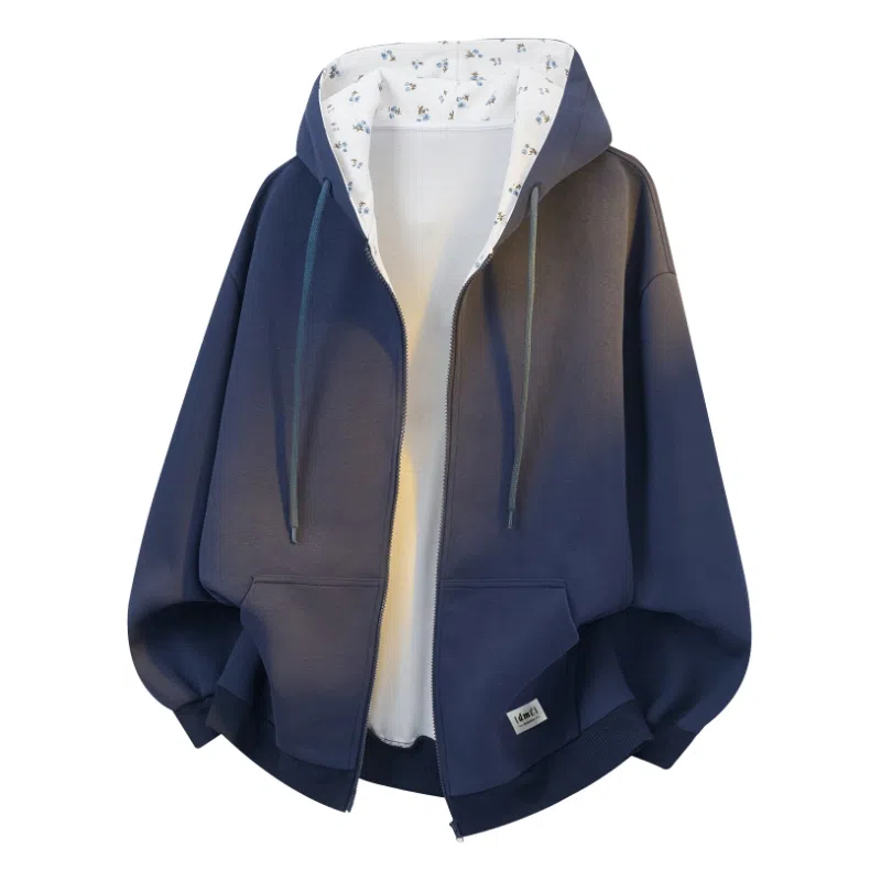 【dme】 时尚日常通勤百搭碎花拼接设计休闲开衫美式潮流宽松舒适连帽卫衣 男女同款