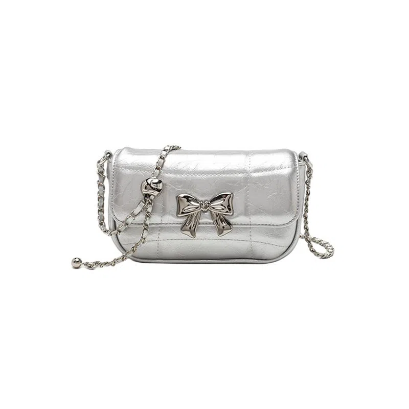 老人头 小众设计精致简约高级感百搭蝴蝶结 聚氨酯合成革 腋下单肩斜挎包 常规 女款 银色