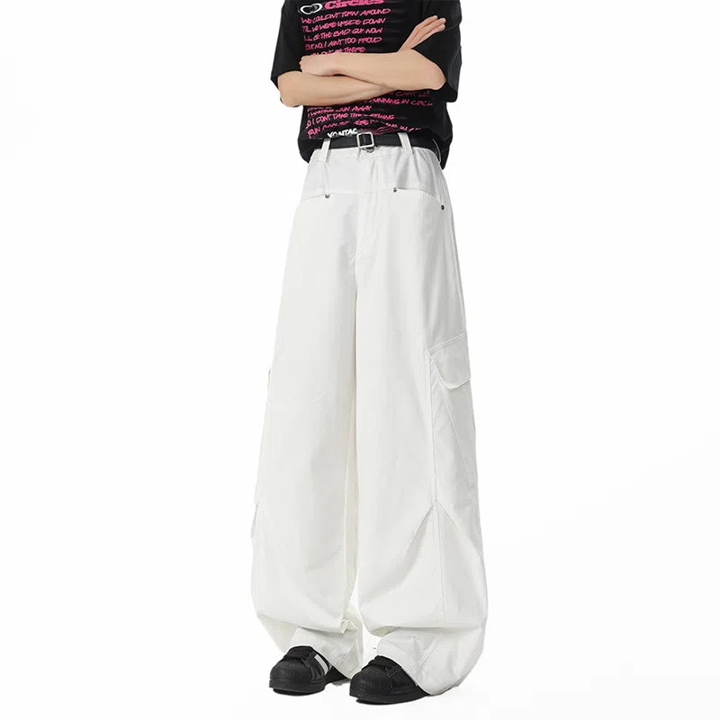 欧迪芬 嘻哈街头工装铆钉多功能口袋裤腿褶皱拼接水洗纽扣个性简约时尚舒适宽松直筒百搭日常通勤多垂坠感休闲裤 男女同款