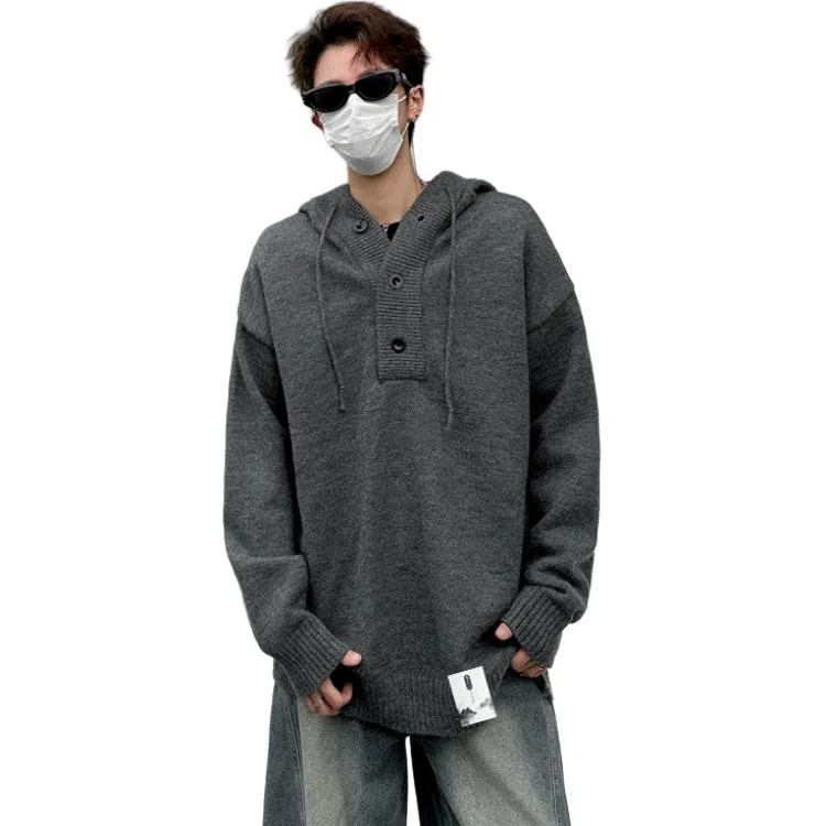布客行 【复古套头连帽毛线衣】美式老钱风宽松休闲纯色设计无性别主义舒适软糯纽扣装饰潮流百搭慵懒感长袖针织衫 男女同款