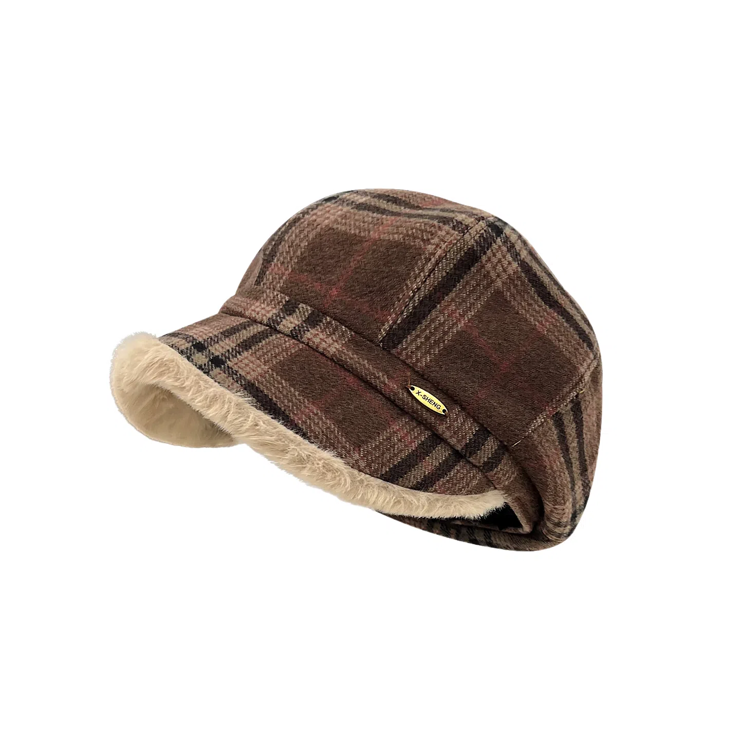 钓鱼熊 英伦复古格纹保暖宽檐显脸小大头围画家帽 毛绒 贝雷帽 男女同款情侣款