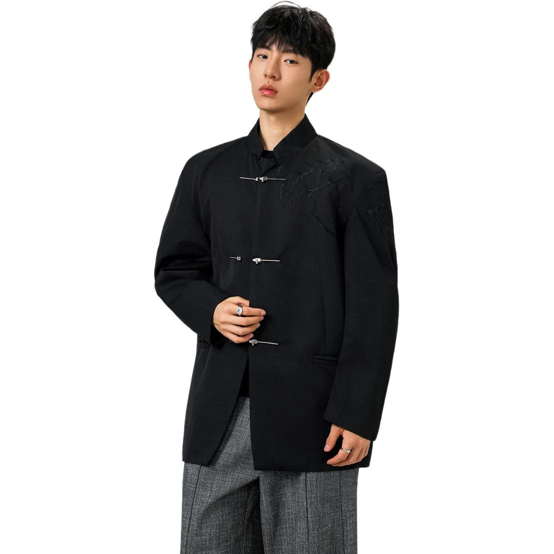 洋气先生 新中式简约纯色商务休闲时尚百搭小众高级感潮流帅气中山装国潮刺绣宽松落肩长袖金属搭扣轻奢无性别主义外套西装 男女同款