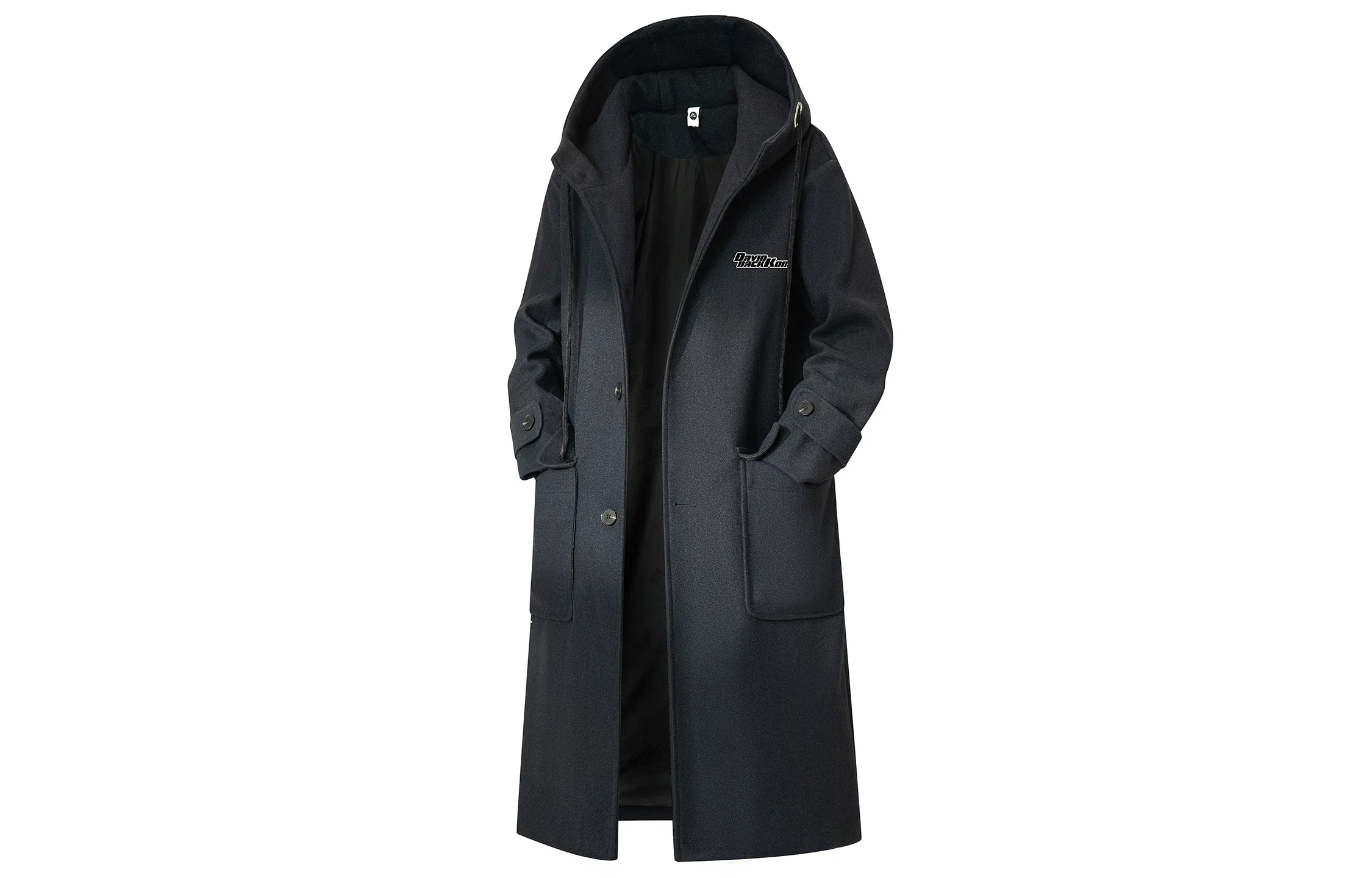 大卫贝肯 美式高街简约复古假两件连帽时尚韩版加棉加厚单排扣中长款毛呢大衣 男女同款