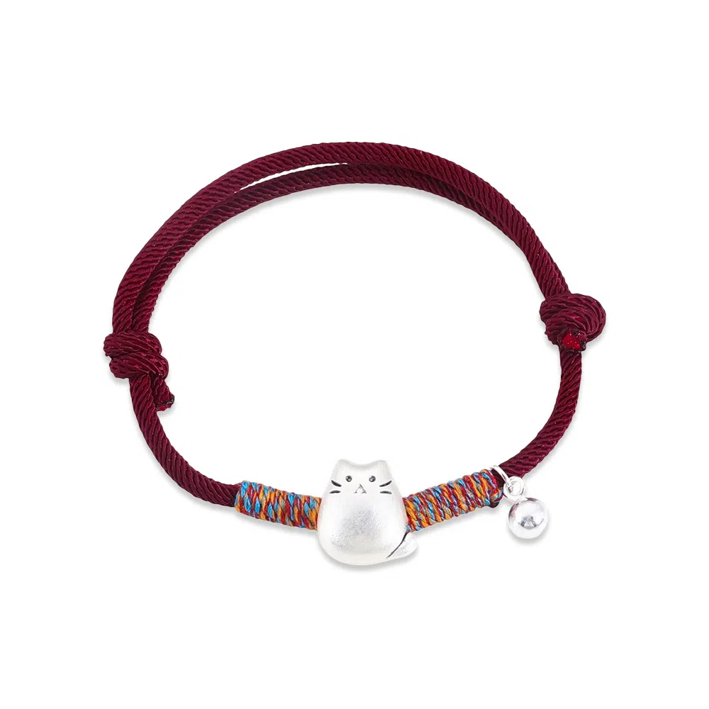 【S999足银 好运招财猫】 七七银饰  纳福新中式铃铛 平安喜乐本命年开运 学院风编绳手饰 事事如意 小众复古  纯银 手绳 男女同款情侣款