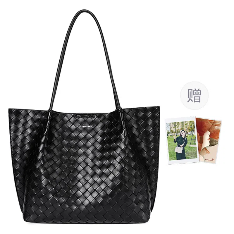红蜻蜓 高级感百搭轻便编织通勤 牛剖层皮革 托特包单肩包 女款 经典黑