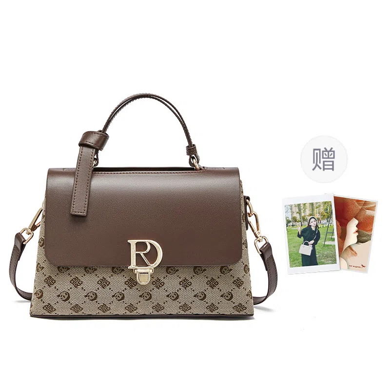 红蜻蜓 经典复古拼接简约高级感 字母小众设计百搭 织物 女包手提斜挎单肩包 春夏季 中号 女款 咖啡色/棕色