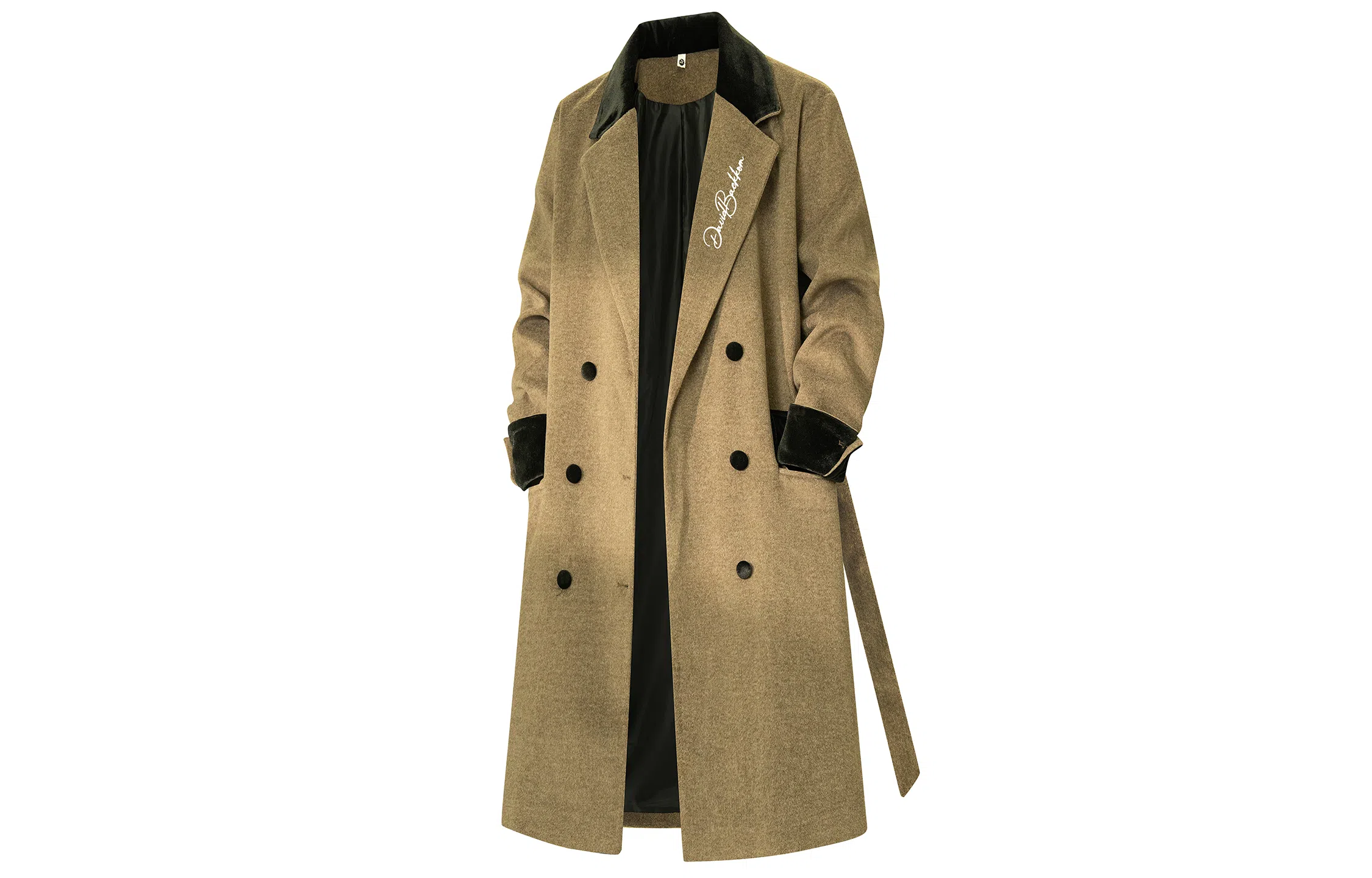 大卫贝肯 韩系经典纯色大口袋高级感签名印花百搭英伦风飘带中长款潮流痞帅加厚保暖毛呢休闲大衣 男女同款