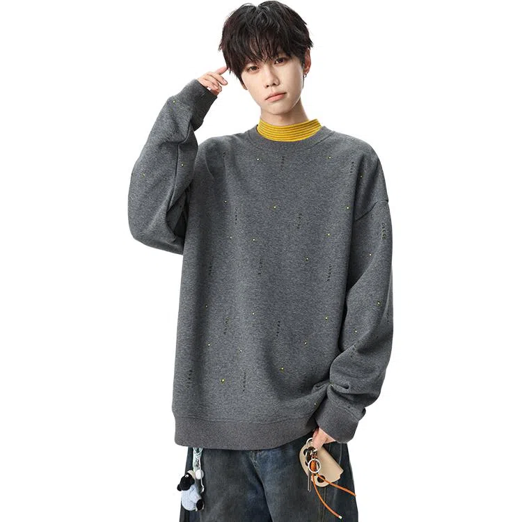 洋气先生 洋气潮牌美式高街简约学院风少年感痞帅慵懒感纯色时尚圆领长袖落肩袖个性套头潮流基础款宽松无性别主义上衣卫衣 男女同款