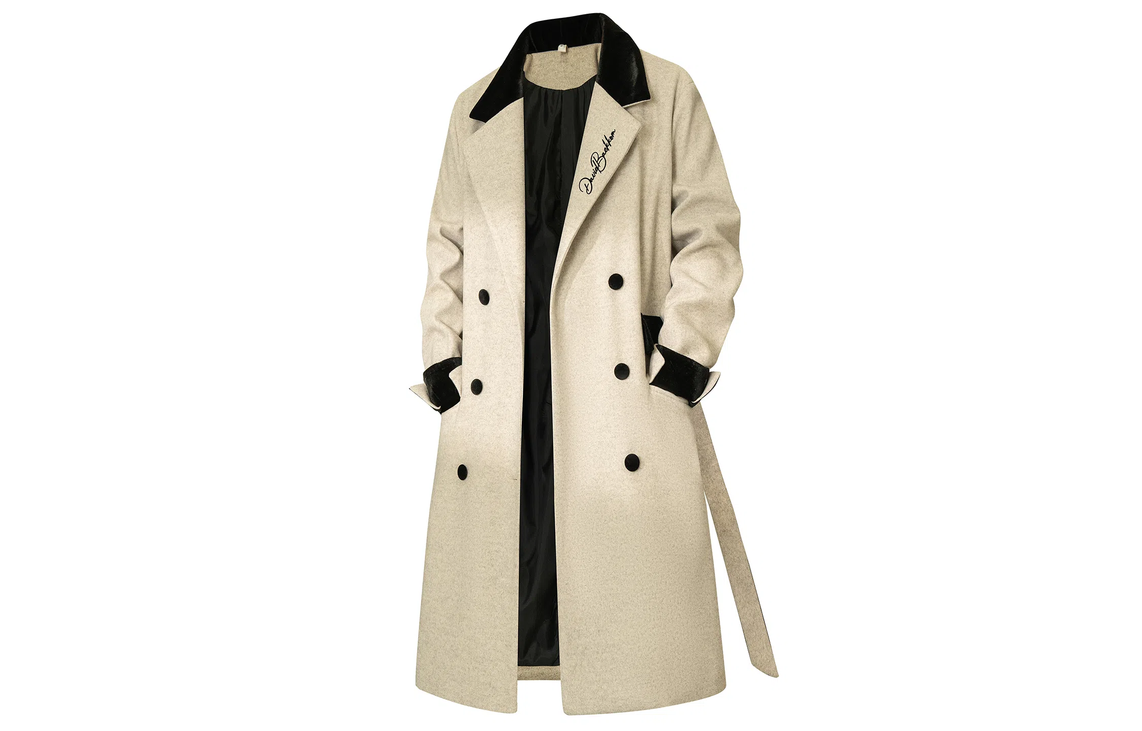 大卫贝肯 韩系经典纯色大口袋高级感签名印花百搭英伦风飘带中长款潮流痞帅加厚保暖毛呢休闲大衣 男女同款