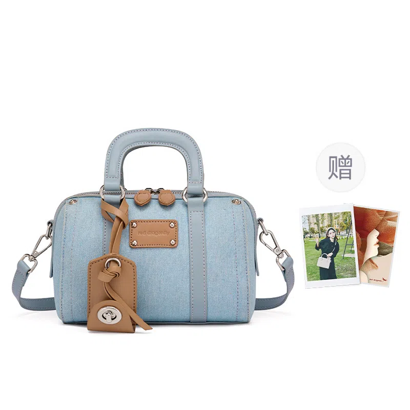 红蜻蜓 潮流时尚复古通勤百搭 超细纤维合成革 保龄球包手提包 女款 牛仔蓝