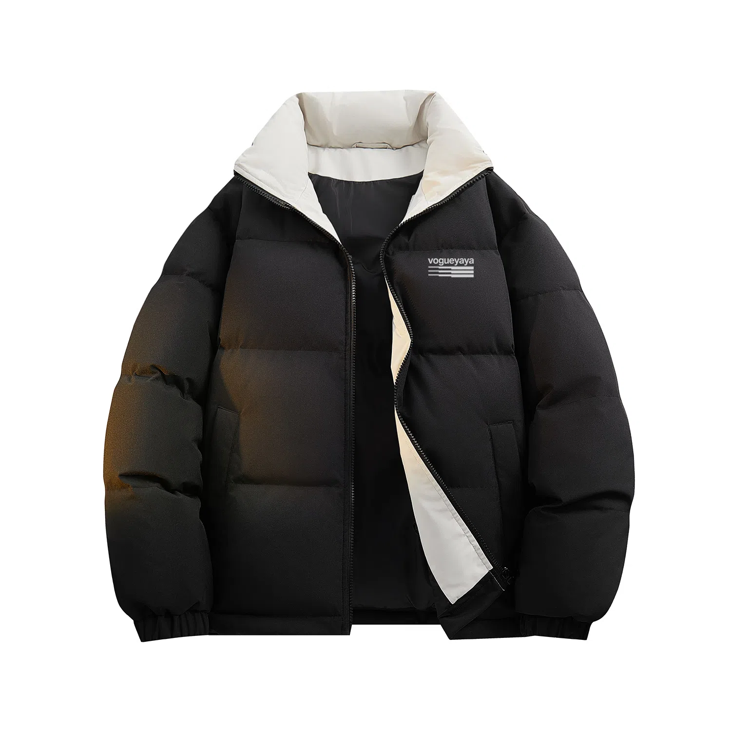 鸭鸭 美式高街复古条纹字母图案印花简约解构设计基础款休闲宽松舒适柔软潮流户外撞色保暖防寒防风运动通勤立领面包羽绒服 男女同款