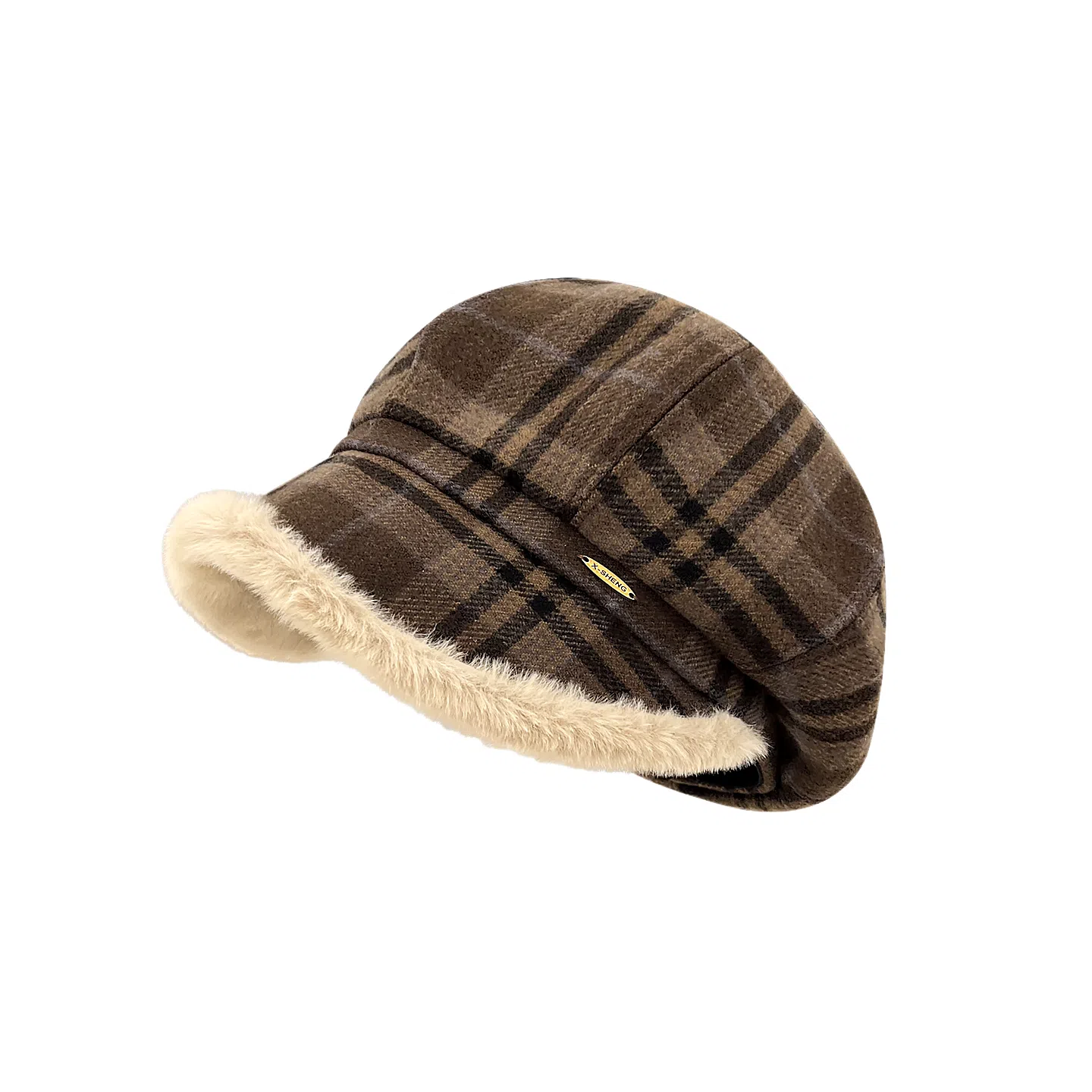 钓鱼熊 英伦复古格纹保暖宽檐显脸小大头围画家帽 毛绒 贝雷帽 男女同款情侣款