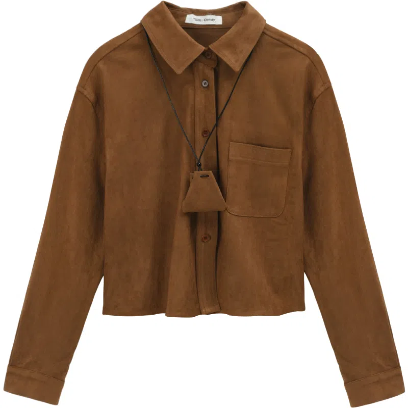 谜秀 焦糖色咖色绒面长袖法式衬衫 女款