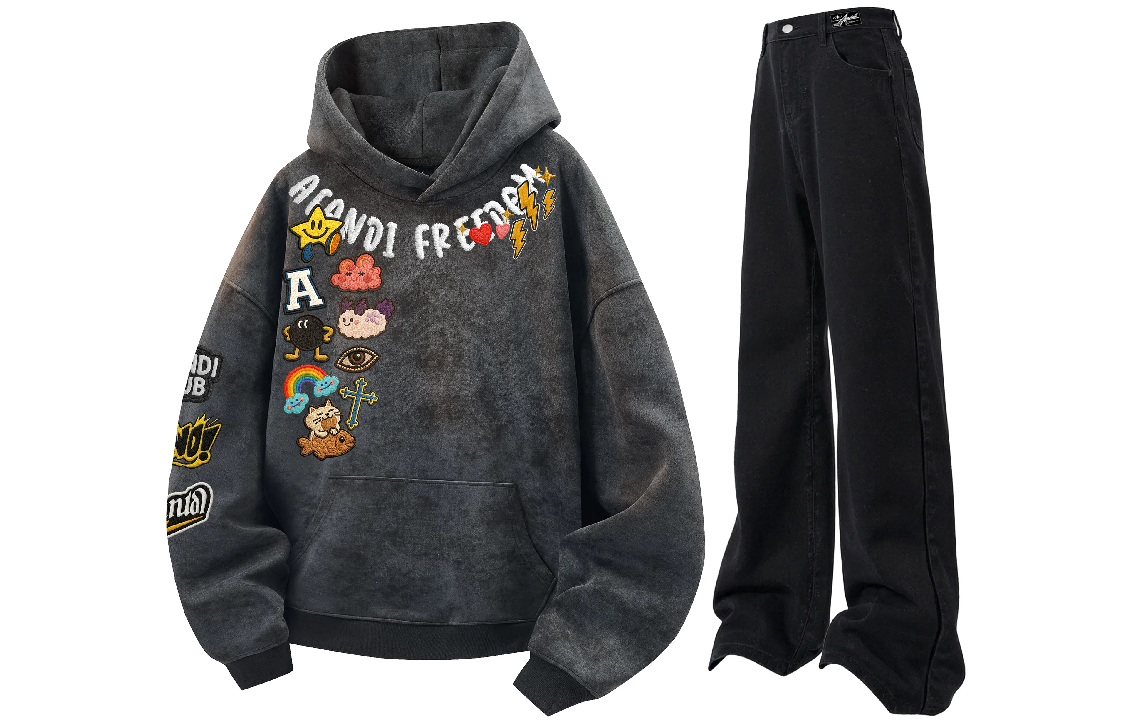阿凡迪 美式复古街头简约扎染设计趣味卡通徽章字母印花宽松舒适百搭时尚潮流通勤连帽长袖卫衣中腰直筒微喇牛仔裤休闲运动套装 男女同款
