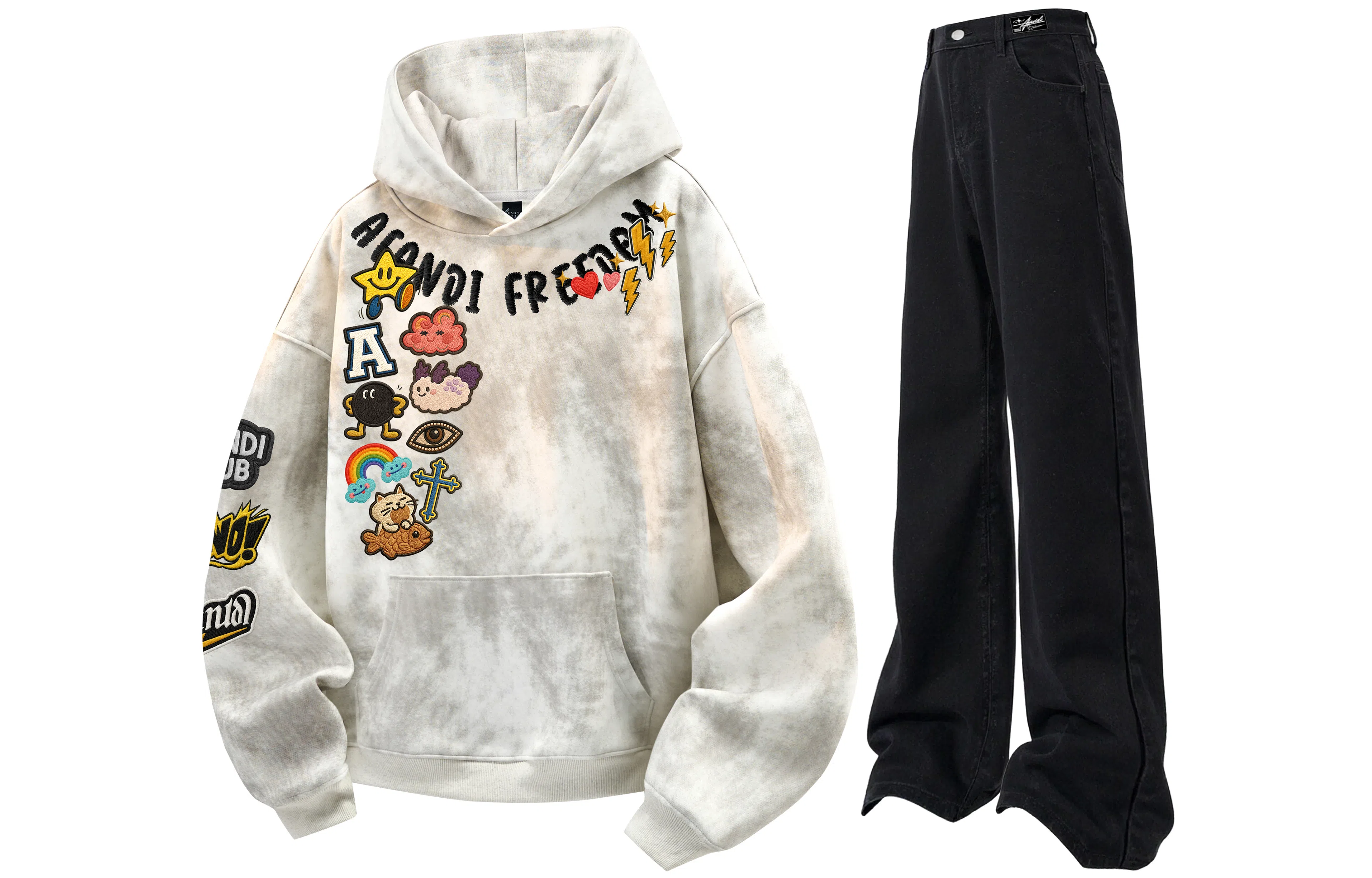 阿凡迪 美式复古街头简约扎染设计趣味卡通徽章字母印花宽松舒适百搭时尚潮流通勤连帽长袖卫衣中腰直筒微喇牛仔裤休闲运动套装 男女同款