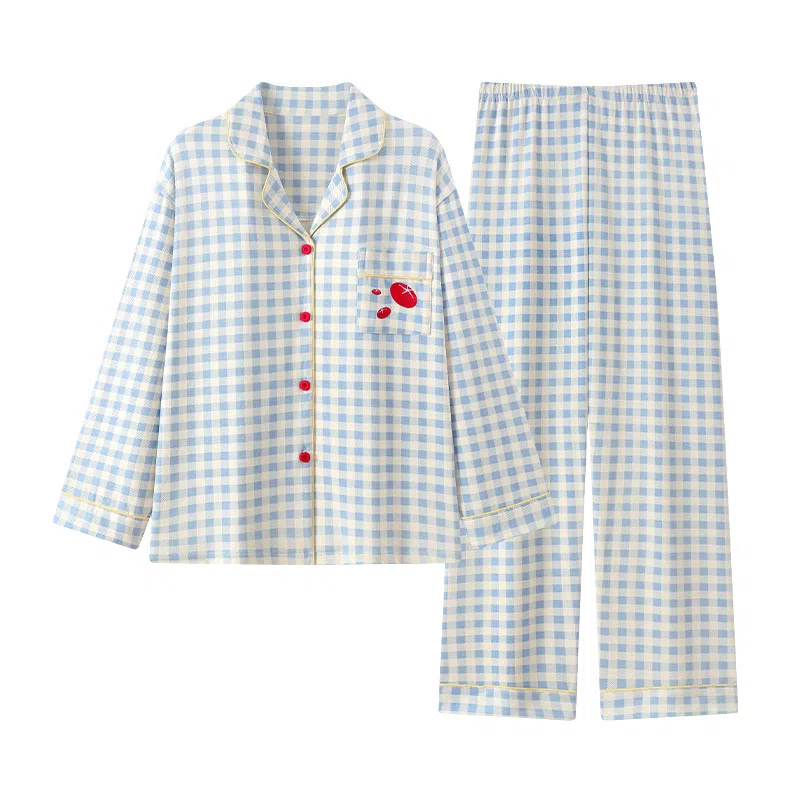静英鸾 休闲时尚翻领简约格子卡通小番茄亲肤舒适可外穿家居服睡衣套装 女款