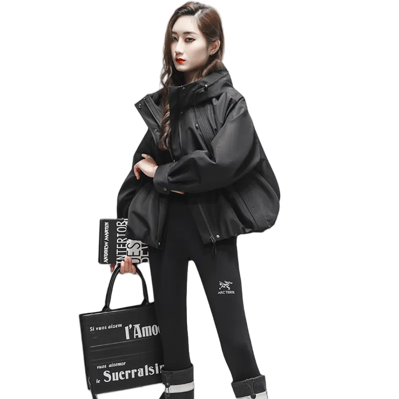 兰缪 休闲户外运动气质通勤简约拼接宽松百搭显瘦连帽外套风衣 女款