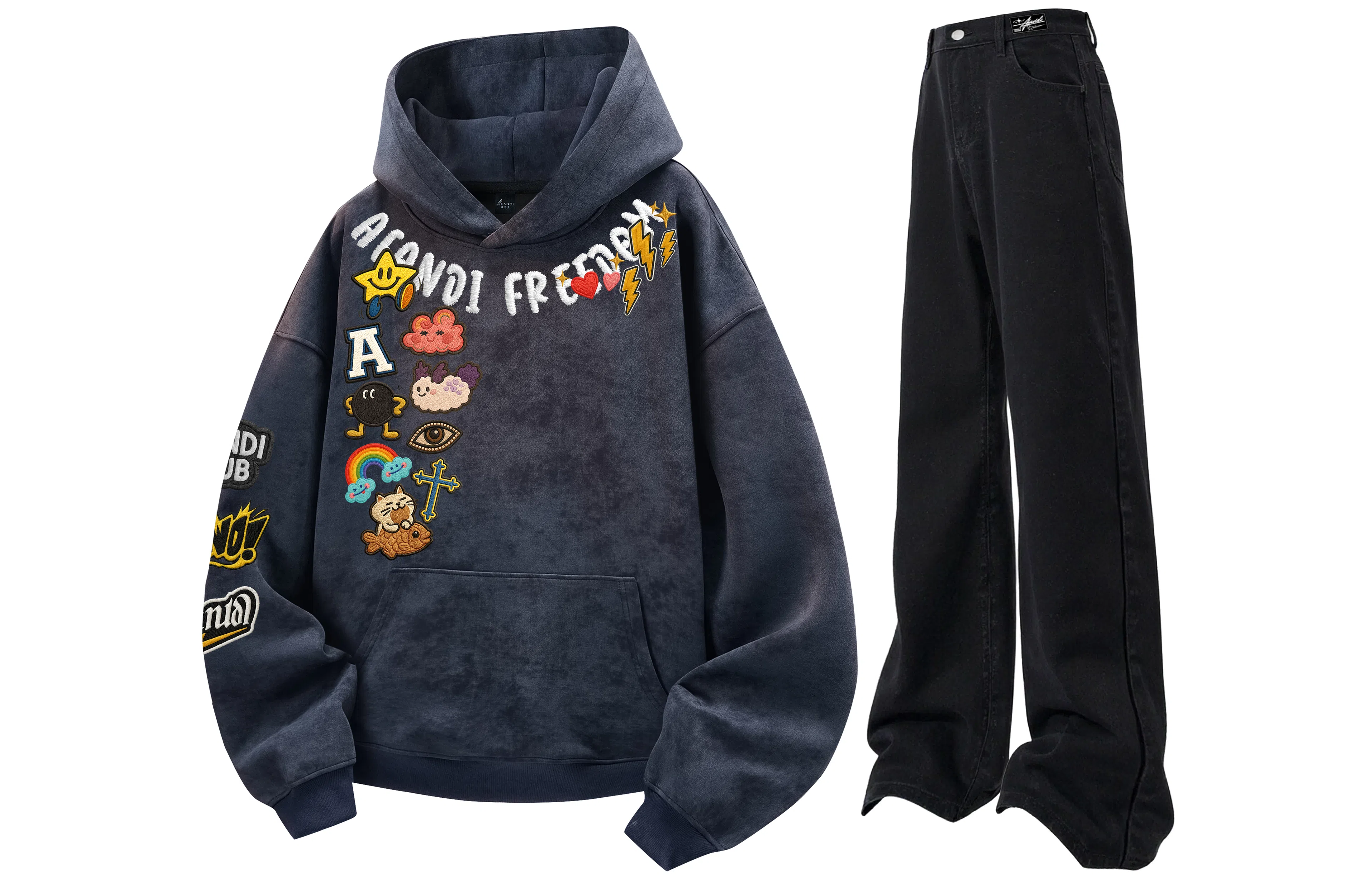 阿凡迪 美式复古街头简约扎染设计趣味卡通徽章字母印花宽松舒适百搭时尚潮流通勤连帽长袖卫衣中腰直筒微喇牛仔裤休闲运动套装 男女同款