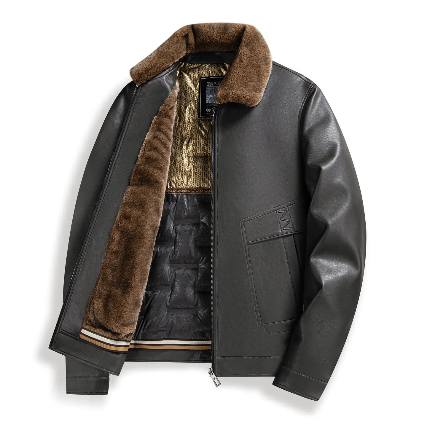 老爷车 加绒加厚可拆卸毛领外套冬季石墨烯内里蓄热防风御寒皮衣 男款