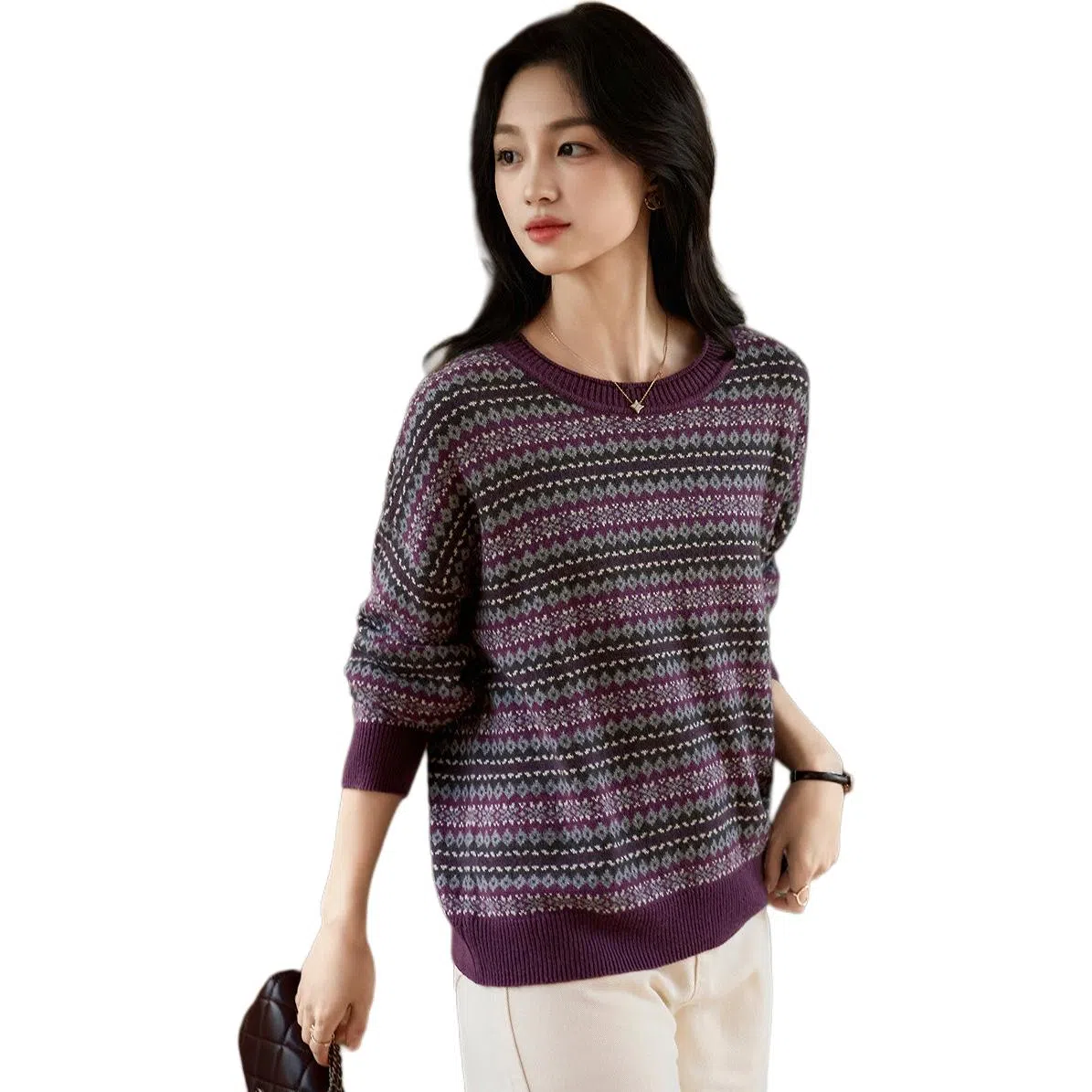 【dme】 冬季复古提花线衫撞色圆领宽松上衣时尚潮流优雅气质保暖舒适简约大方高品质甜美可爱小个子暖和利落干练秋冬内搭长袖针织衫 女款