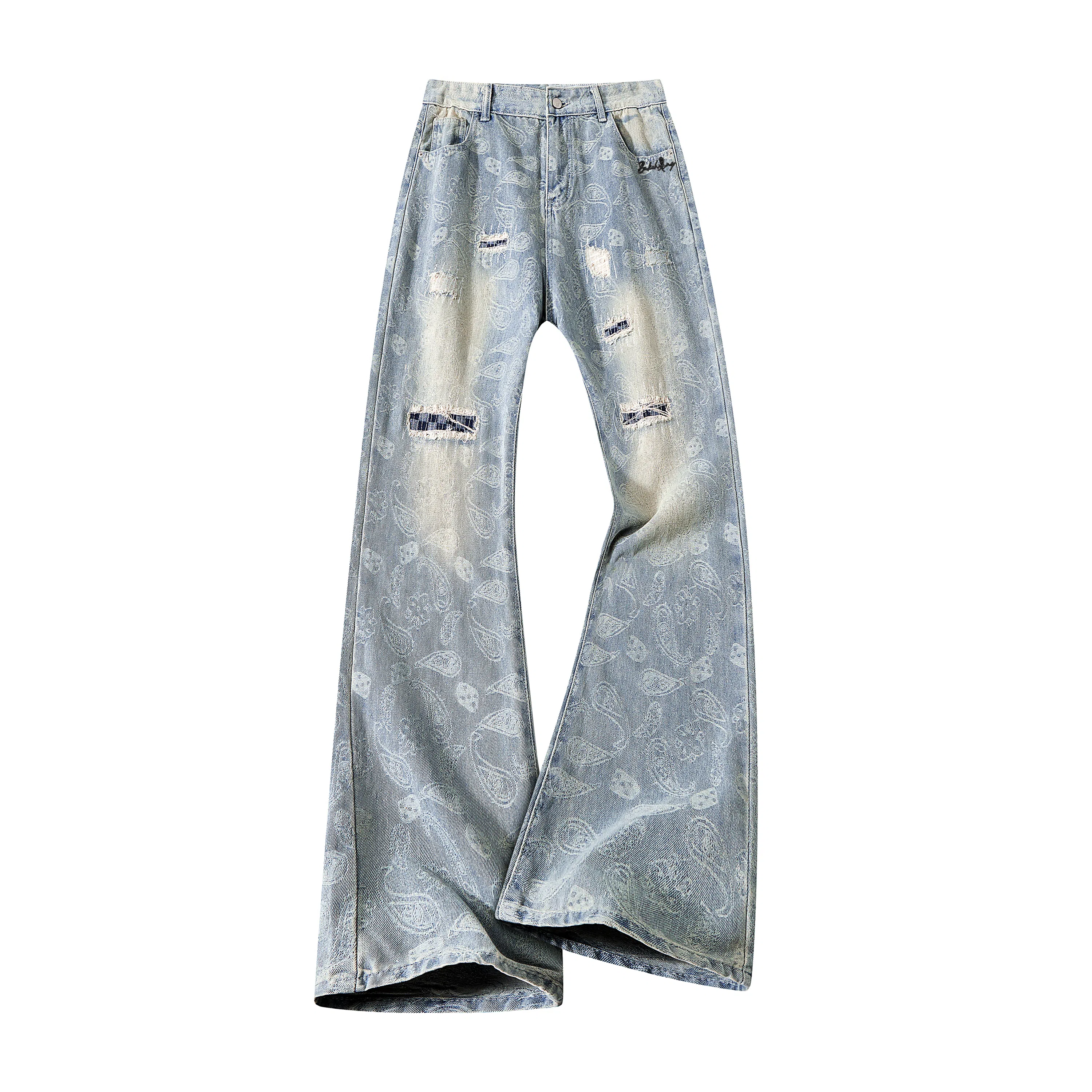 布客行 美式腰花果破洞磨毛手工磨破提花刺绣复古高街设计感修身显高显瘦水洗做旧蓝色窄版通勤休闲百搭弯刀直筒阔腿潮牌牛仔裤 男女同款