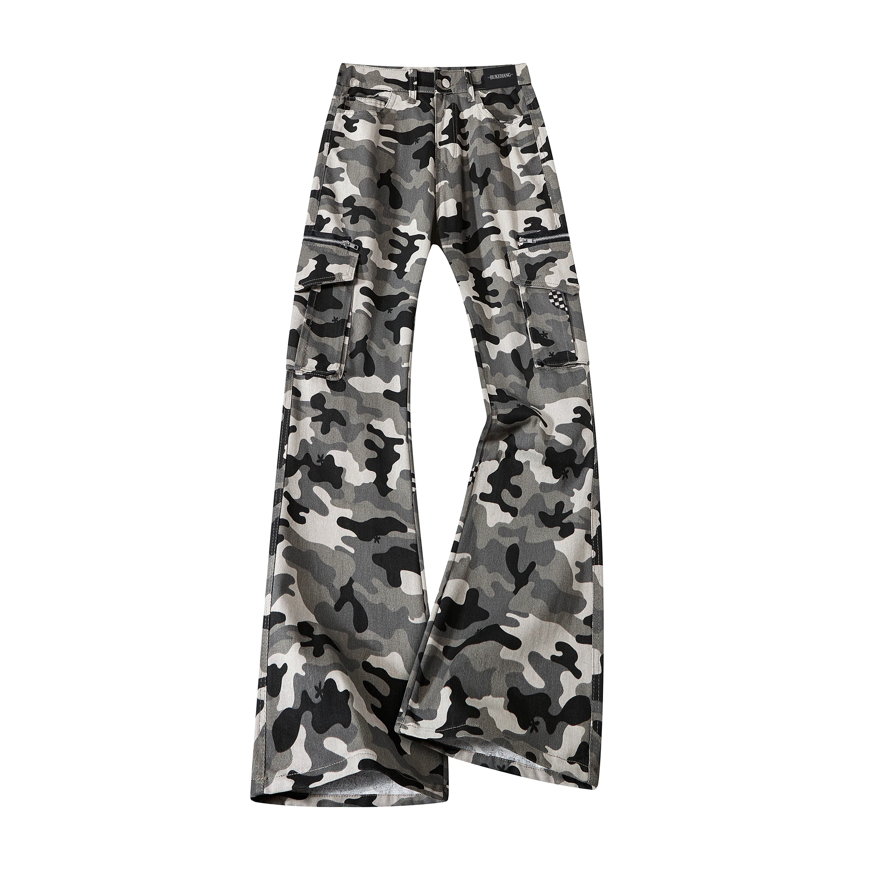 布客行 美式雪地迷彩个性工装长裤拼接侧边多口袋复古水洗微喇修身百搭显高显瘦直筒宽松阔腿高级感舒适弯刀柔软牛仔休闲裤 男女同款