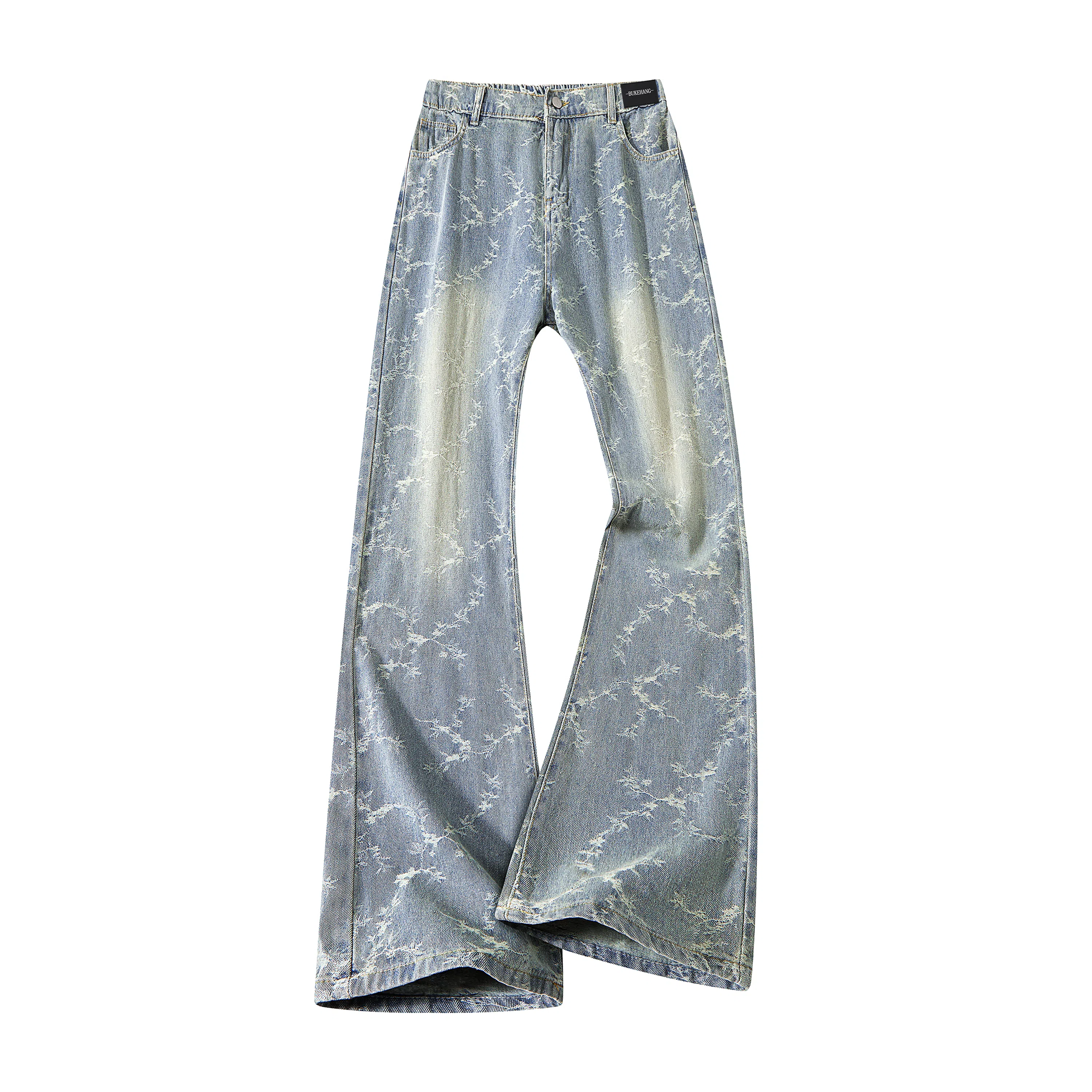 布客行 【刺绣提花系列】美式高街显高显瘦设计感微喇休闲百搭水洗做旧复古直筒阔腿长裤子深色修身花卉满印无性别主义牛仔裤 男女同款