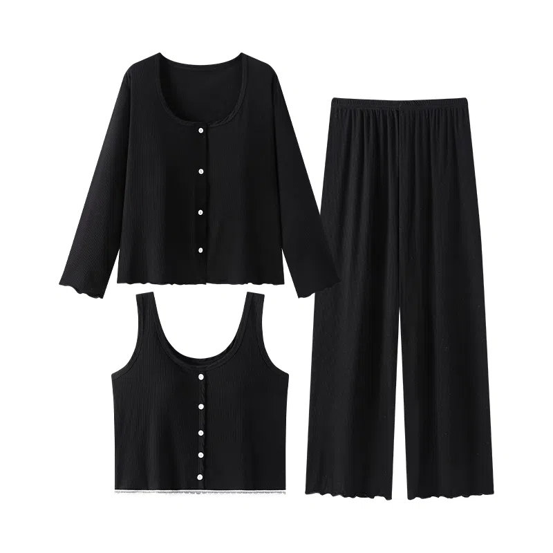 静英鸾 带胸垫简约黑休闲时尚亲肤舒适家居服睡衣套装 女款
