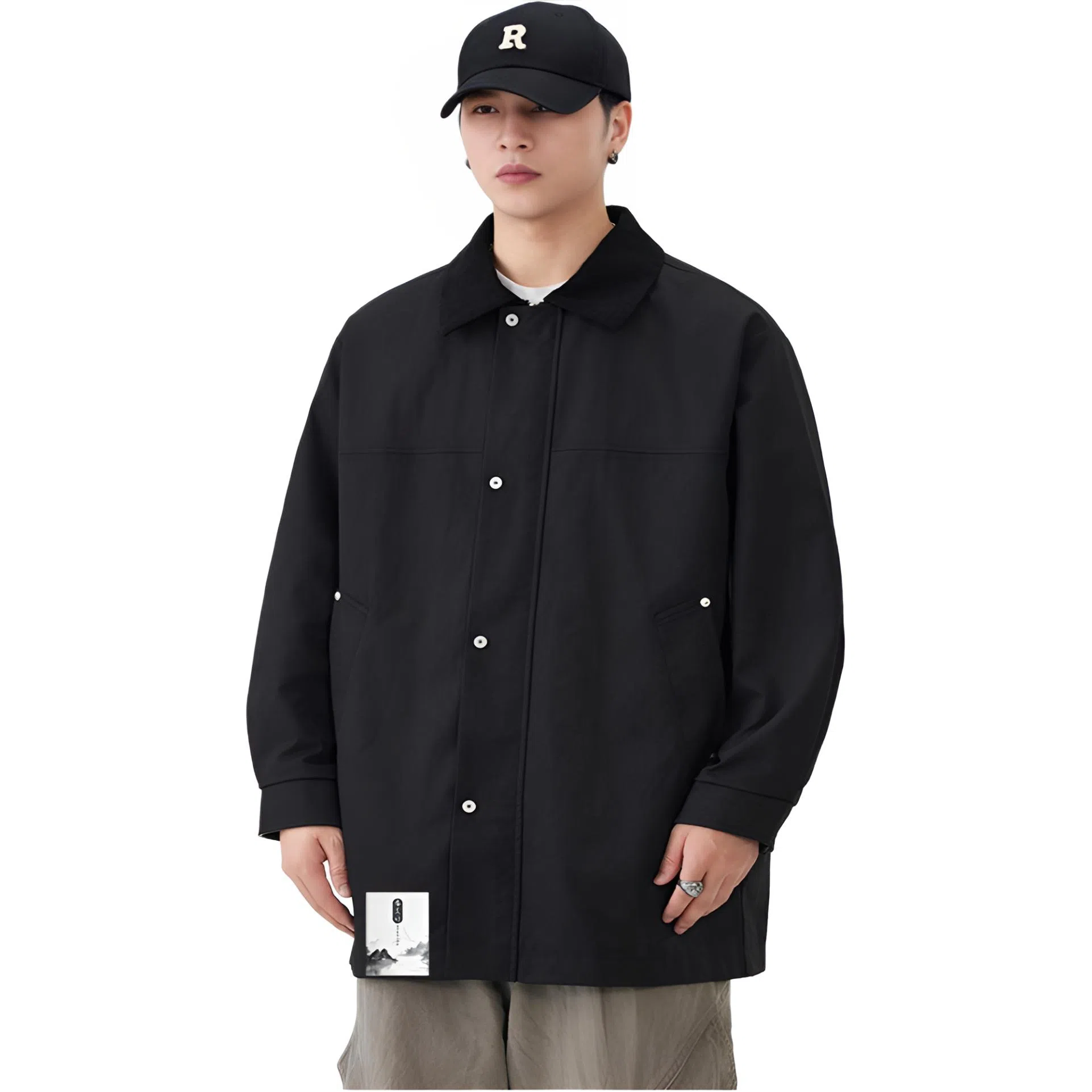 布客行 【复古简约高街中长款拉链单排扣外套】纯色基础款宽松休闲百搭防风商务日常通勤高颜值痞帅气质秋冬季男款夹克 男女同款