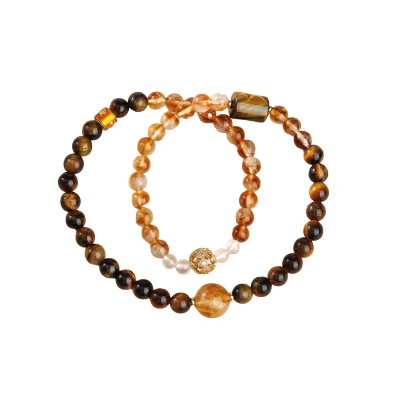 子婳 黄塔晶多圈叠戴珠串本命年招财转运珠诸事顺利复古精致时尚优雅百搭水晶串珠高级感手链 虎眼石 玉石手串 男女同款情侣款