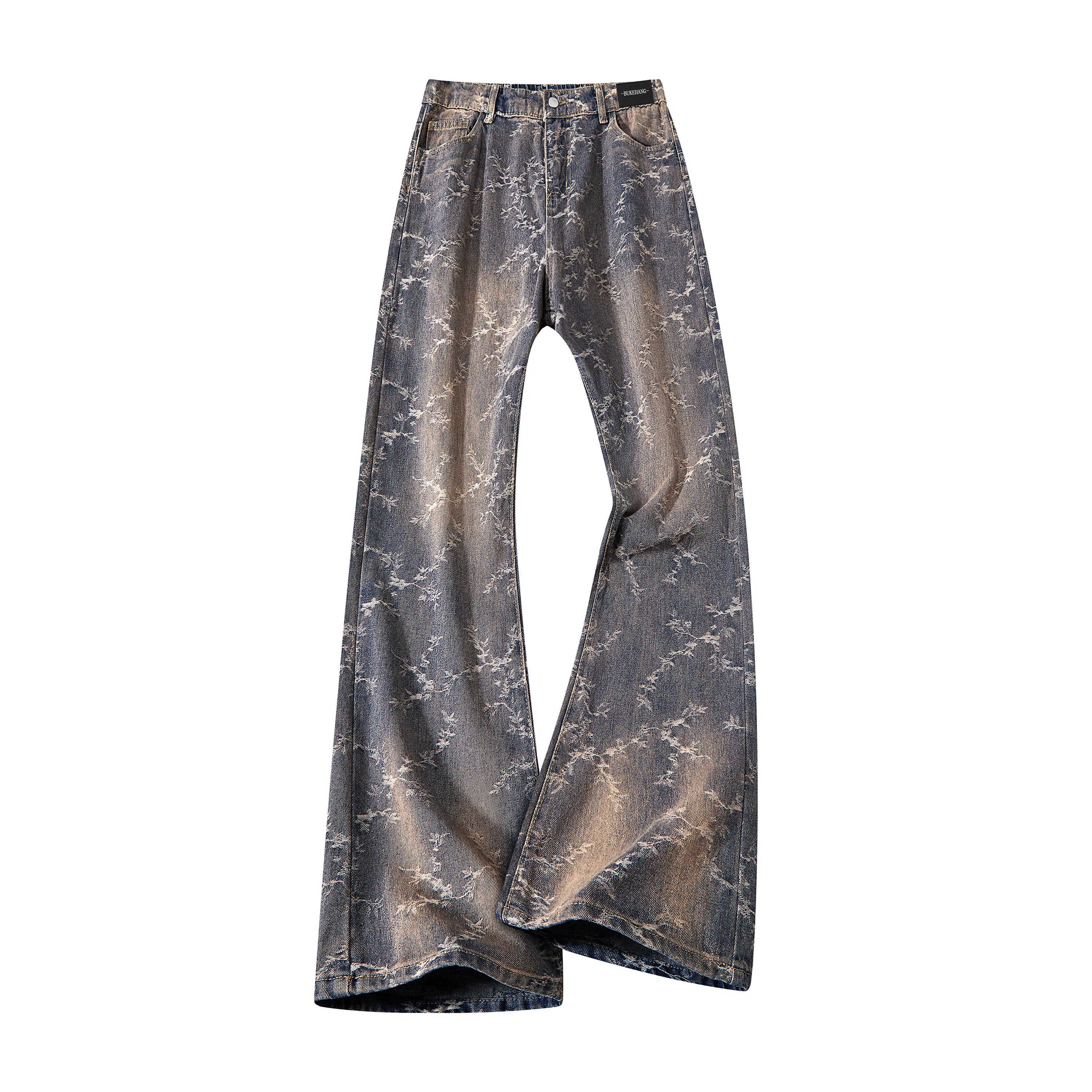 布客行 【刺绣提花系列】美式高街显高显瘦设计感微喇休闲百搭水洗做旧复古直筒阔腿长裤子深色修身花卉满印无性别主义牛仔裤 男女同款